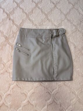 Faux Leather Skirt with Belt & Zipper Detail - Gray